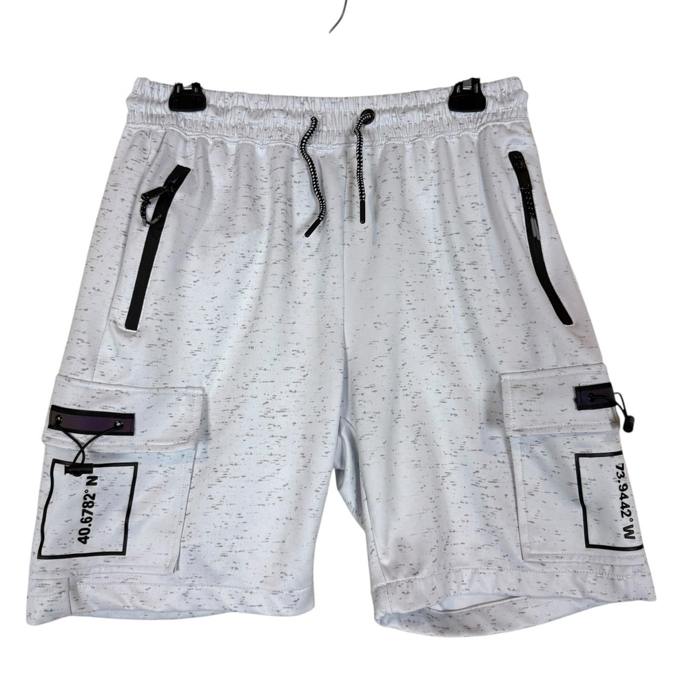 ENCRYPTED Shorts Mens Large White Spotted Cargo 7 Inseam Zip Pocket Athletic
